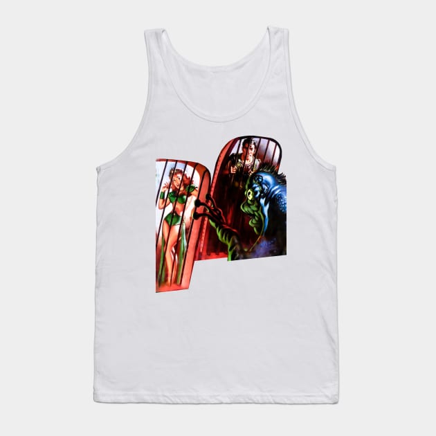 Sexy Woman Man from Planet Earth Prisoners of Alien Monster Cage Bar Retro Comic Vintage Cartoon Tank Top by REVISTANGO